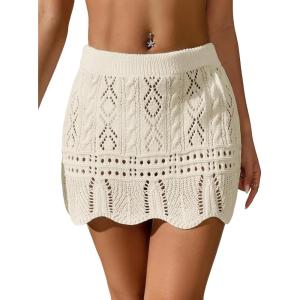 imageVerdusa Womens Hollow Out Knit Scalloped Elastic Waist Swimsuit Beach Cover Up Mini SkirtLight Apricot