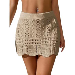 imageVerdusa Womens Hollow Out Knit Scalloped Elastic Waist Swimsuit Beach Cover Up Mini SkirtLight Khaki