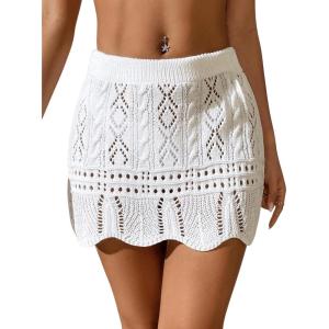 imageVerdusa Womens Hollow Out Knit Scalloped Elastic Waist Swimsuit Beach Cover Up Mini SkirtWhite