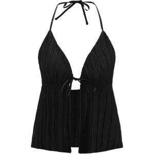 imageVerdusa Womens Tie Front Deep V Neck Sleeveless Split Crop Halter TopBlack