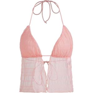 imageVerdusa Womens Tie Front Deep V Neck Sleeveless Split Crop Halter TopMesh Coral Pink