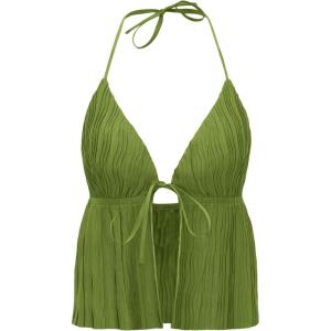 imageVerdusa Womens Tie Front Deep V Neck Sleeveless Split Crop Halter TopOlive Green
