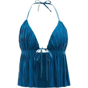 imageVerdusa Womens Tie Front Deep V Neck Sleeveless Split Crop Halter TopSatin Teal Blue