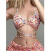 imageVerdusa Womens 3 Piece Swimsuits Floral Criss Cross Halter Thong Bikini Sets Bathing Suit with Cover Up Ruffle SkirtsOrange