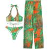 imageVerdusa Womens 3 Piece Swimsuits Tropical Print Halter Bikini Swimsuit with Cover Up PantsGreen Orange