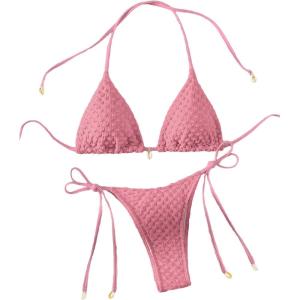 imageVerdusa Womens 2 Piece Triangle Bathing Suit Halter Tops Tie Side Thong Bikini SwimsuitsPink