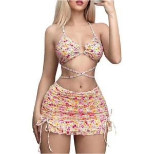 imageVerdusa Womens 3 Piece Swimsuits Floral Criss Cross Halter Thong Bikini Sets Bathing Suit with Cover Up Ruffle SkirtsMulticolor