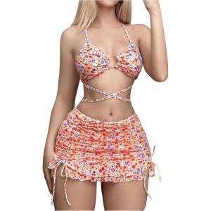 imageVerdusa Womens 3 Piece Swimsuits Floral Criss Cross Halter Thong Bikini Sets Bathing Suit with Cover Up Ruffle SkirtsOrange