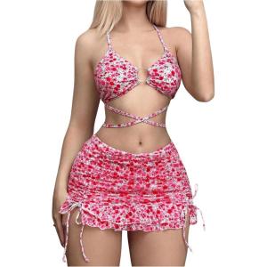 imageVerdusa Womens 3 Piece Swimsuits Floral Criss Cross Halter Thong Bikini Sets Bathing Suit with Cover Up Ruffle SkirtsPink