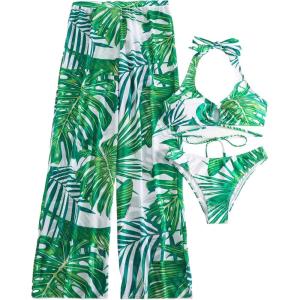 imageVerdusa Womens 3 Piece Swimsuits Tropical Print Halter Bikini Swimsuit with Cover Up PantsGreen