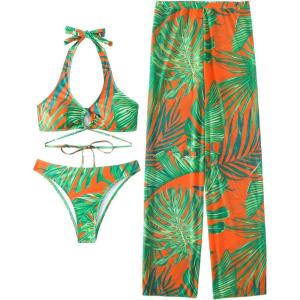 imageVerdusa Womens 3 Piece Swimsuits Tropical Print Halter Bikini Swimsuit with Cover Up PantsGreen Orange
