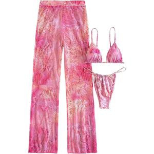 imageVerdusa Womens 3 Piece Swimsuits Tropical Print Halter Bikini Swimsuit with Cover Up PantsPink