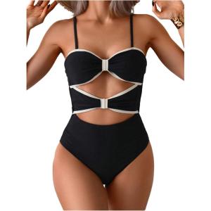 imageVerdusa Womens Cut Out Colorblock One Piece Swimsuit Tie Back Swimwear Bathing SuitBlack