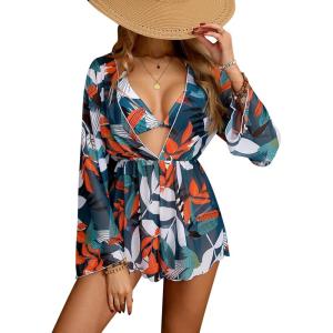 imageVerdusa Womens Tropical Print Halter Triangle Bikini Set Swimsuit with Cover Up RomperDark Green