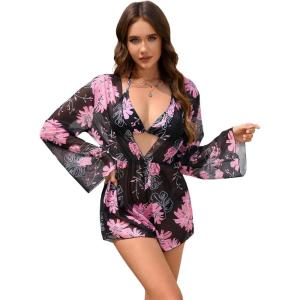 imageVerdusa Womens Tropical Print Halter Triangle Bikini Set Swimsuit with Cover Up RomperPink Black