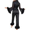 imageVerdusa Womens 2 Piece Tulle Trim Satin Pajama Set Ruffled Mesh Long Sleeve Belted Top and PantsBlack