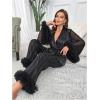 imageVerdusa Womens 2 Piece Tulle Trim Satin Pajama Set Ruffled Mesh Long Sleeve Belted Top and PantsBlack