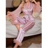 imageVerdusa Womens 2 Piece Tulle Trim Satin Pajama Set Ruffled Mesh Long Sleeve Belted Top and PantsPink
