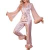 imageVerdusa Womens 2 Piece Tulle Trim Satin Pajama Set Ruffled Mesh Long Sleeve Belted Top and PantsPink
