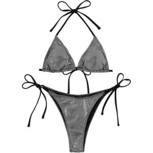 imageVerdusa Womens 2 Piece Bathing Suit Glitter Triangle Top Tie Side Thong Bikini SwimsuitsBlack