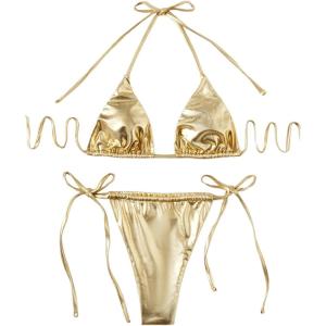 imageVerdusa Womens 2 Piece Bathing Suit Glitter Triangle Top Tie Side Thong Bikini SwimsuitsGold