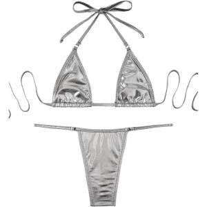 imageVerdusa Womens 2 Piece Bathing Suit Glitter Triangle Top Tie Side Thong Bikini SwimsuitsGrey