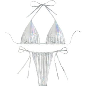 imageVerdusa Womens 2 Piece Bathing Suit Glitter Triangle Top Tie Side Thong Bikini SwimsuitsLight Silver