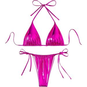 imageVerdusa Womens 2 Piece Bathing Suit Glitter Triangle Top Tie Side Thong Bikini SwimsuitsMetallic Hot Pink