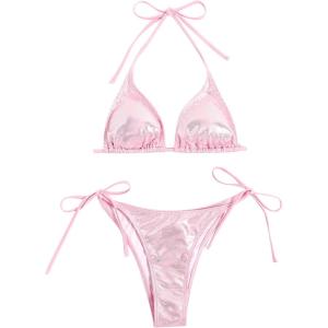 imageVerdusa Womens 2 Piece Bathing Suit Glitter Triangle Top Tie Side Thong Bikini SwimsuitsPink