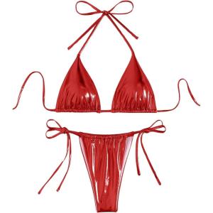 imageVerdusa Womens 2 Piece Bathing Suit Glitter Triangle Top Tie Side Thong Bikini SwimsuitsRed