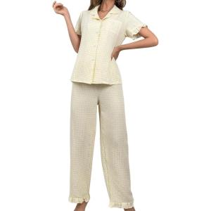 imageVerdusa Womens 2 Piece Pajamas Sets Cute Pj Set Graphic Print Comfy Loungewear Sets Ruffle Trim Top and PantsYellow