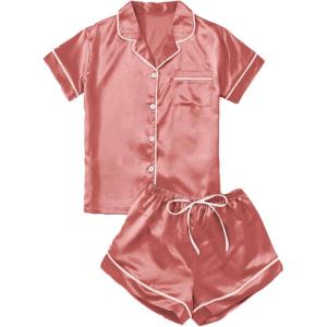 imageVerdusa Womens 2pc Satin Nightwear Button Front Sleepwear Short Sleeve Pajamas Set1pink