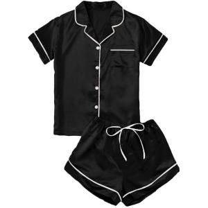 imageVerdusa Womens 2pc Satin Nightwear Button Front Sleepwear Short Sleeve Pajamas SetBlack