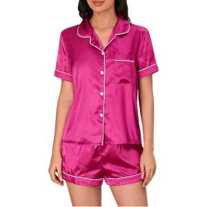 imageVerdusa Womens 2pc Satin Nightwear Button Front Sleepwear Short Sleeve Pajamas SetHot Pink