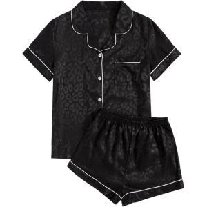 imageVerdusa Womens 2pc Satin Nightwear Button Front Sleepwear Short Sleeve Pajamas SetLeopard Black