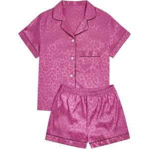 imageVerdusa Womens 2pc Satin Nightwear Button Front Sleepwear Short Sleeve Pajamas SetLeopard Hot Pink