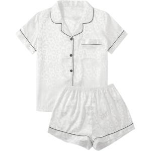 imageVerdusa Womens 2pc Satin Nightwear Button Front Sleepwear Short Sleeve Pajamas SetLeopard White