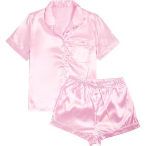 imageVerdusa Womens 2pc Satin Nightwear Button Front Sleepwear Short Sleeve Pajamas SetLight Pink a