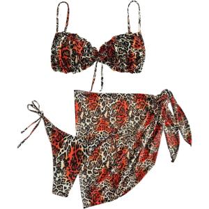 imageVerdusa Womens 3 Piece Leopard Print Tie Side Thong Halter Bikini with Beach Skirt SwimsuitsLeopard and Red