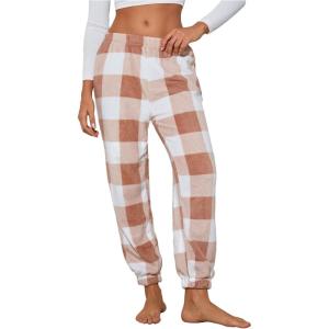 imageVerdusa Womens Buffalo Plaid Print Fuzzy Pajama Pants Loungewear Sleep PantsApricot