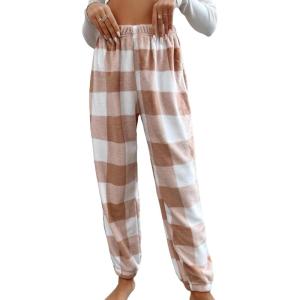 imageVerdusa Womens Buffalo Plaid Print Fuzzy Pajama Pants Loungewear Sleep PantsBrown White