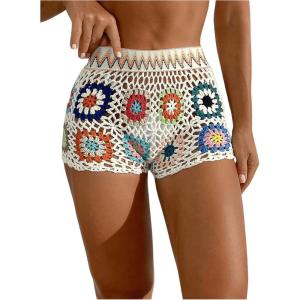 imageVerdusa Womens Crochet Bikini Swimsuit Cover Up Hollow Out Sheer Beach ShortsBeige Multi