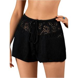 imageVerdusa Womens Hollow Out Crochet Beach Cover Up Knit Loose Wide Leg ShortsBlack