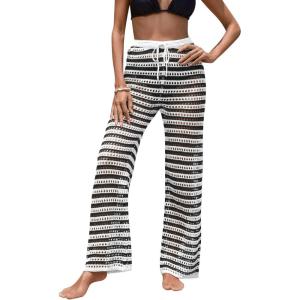 imageVerdusa Womens Hollow Out Crochet Knit Striped High Waist Swimwear Cover Up PantsBlack and White