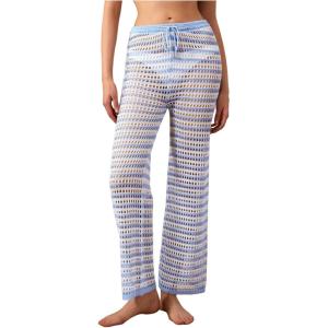 imageVerdusa Womens Hollow Out Crochet Knit Striped High Waist Swimwear Cover Up PantsBlue