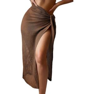imageVerdusa Womens Tie Side Hollow Out Beach Swimsuit Crochet Sarong Wrap Cover Up SkirtCoffee Brown