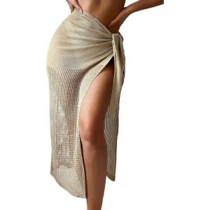 imageVerdusa Womens Tie Side Hollow Out Beach Swimsuit Crochet Sarong Wrap Cover Up SkirtKhaki