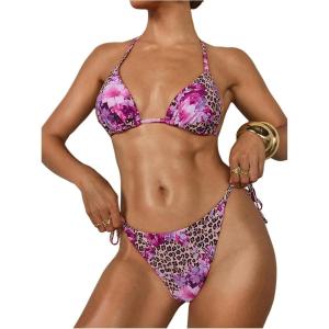 imageVerdusa Womens Y2K Bikini 2 Piece Cheetah Floral Swimsuit Halter Triangle Tie Side String Bikini SetApricot and Purple