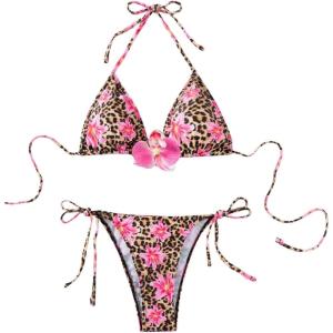 imageVerdusa Womens Y2K Bikini 2 Piece Cheetah Floral Swimsuit Halter Triangle Tie Side String Bikini SetDark Pink and Brown