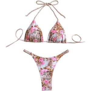 imageVerdusa Womens Y2K Bikini 2 Piece Cheetah Floral Swimsuit Halter Triangle Tie Side String Bikini SetLeopard Brown